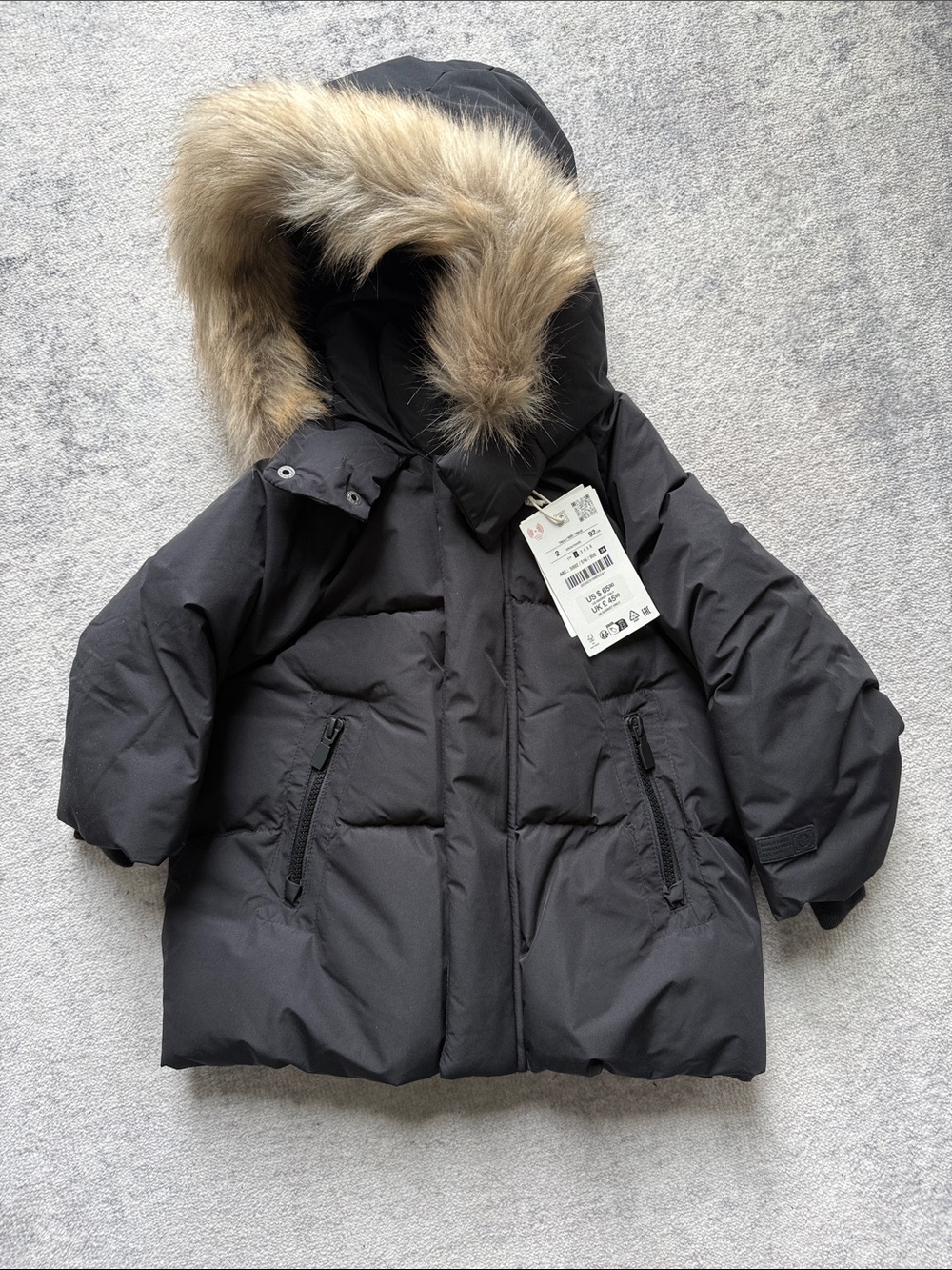 Zara Black Puffer Jacket with Faux Fur Trim Hood